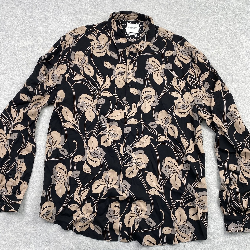 Denim & Flower Shirt Mens XL Black Floral Viscose Long Sleeve Button Up Casual